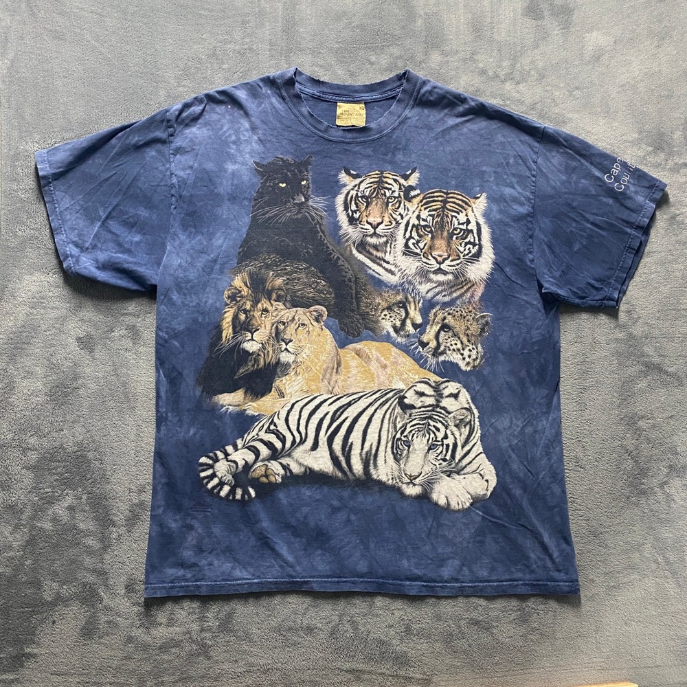1990s Vintage The Mountain Big Cat Collage Tshirt Mens XL Blue Cape May Zoo